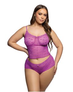 Lacy Lounger Floral Lace Camisole w/Matching Shorts - Fuchsia