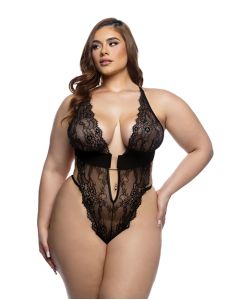 Fever Dream Chantilly Eyelash Lace and Stretch Satin Teddy - Black