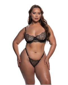 Beaded Belle Metallic Embroidery w/Bead Lace Underwire Top & Panty 2 pc Set - Black/Gold