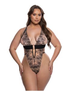 Orchid Blossom Embroidered Teddy - Black/Nude