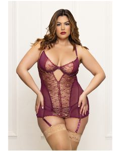 Metallic Lace with Mesh Gartered Chemise & Thong - Plum