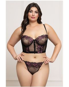 Floral Lace and Mesh Underwire Bustier w/Thong 2 pc Set - Black/Purple