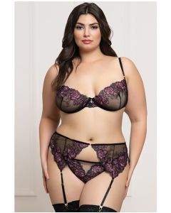 Floral Lace and Mesh Underwire Bra w/Garter & Thong 3 pc Set - Black/Purple