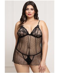 Lace and Dot Mesh Babydoll w/G-String - Black QN